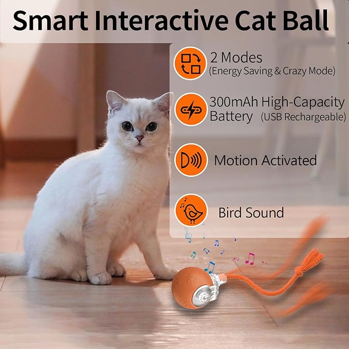 Interactive Cat Toys, Automatic Moving Cat Toys for Bored Indoor Adult Cats, Fast Rolling, Chirping &amp; Motion-Activated Kitty Toys, Fun Gift for Cats with Speedy Tail 2.0, USB Rechargeable, Orange