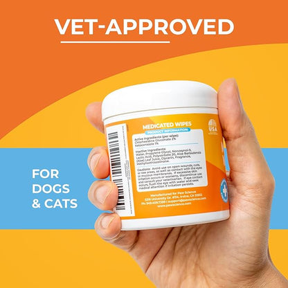 Antibacterial &amp; Antifungal Medicated Wipes for Dogs and Cats – 100 Count - Chlorhexidine Wipes with Ketoconazole for The Treatment of Rashes, Skin Infections, Itchy Paws, and Pet Acne