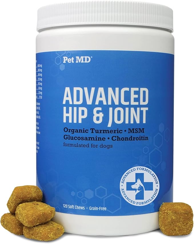 Pet MD Glucosamine for Dogs | Dog Joint Supplement with Glucosamine, Chondroitin &amp; MSM - Inflammatory Pain Relief Chews for Hip &amp; Joints - Bacon Flavored - Includes Yucca &amp; Turmeric - 120 Ct