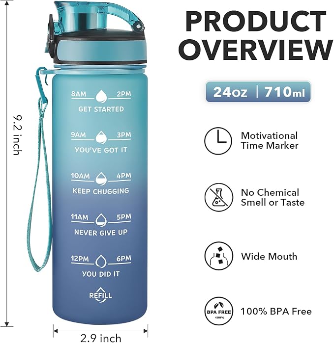 Enerbone Water Bottle, Leakproof BPA &amp; Toxic Free, Motivational Water Bottle with Times to Drink and Straw, Fitness Sports Water Bottle with Strap for Office, Gym, Outdoor Sports