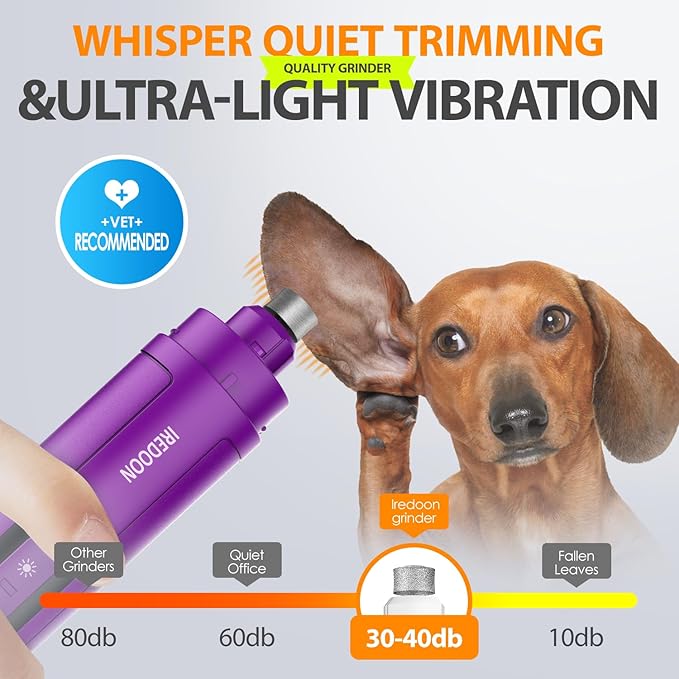 Dog Nail Grinder Upgraded - Professional 3-Speed Super Quiet and Low Vibration Electric Pet Nail Grinder with 4 LED Lights - Painless Paws Grooming &amp; Smoothing for Small to Large Dogs (Purple)