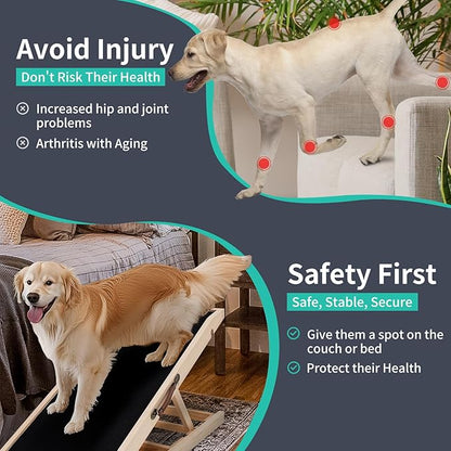 Dog Ramp, Adjustable Height Wooden Folding Pet Ramp for Bed, Couch,SUV-High Traction, Portable Paw Ramps for Small &amp; Large Old Dogs &amp; Cats - Furniture Quality