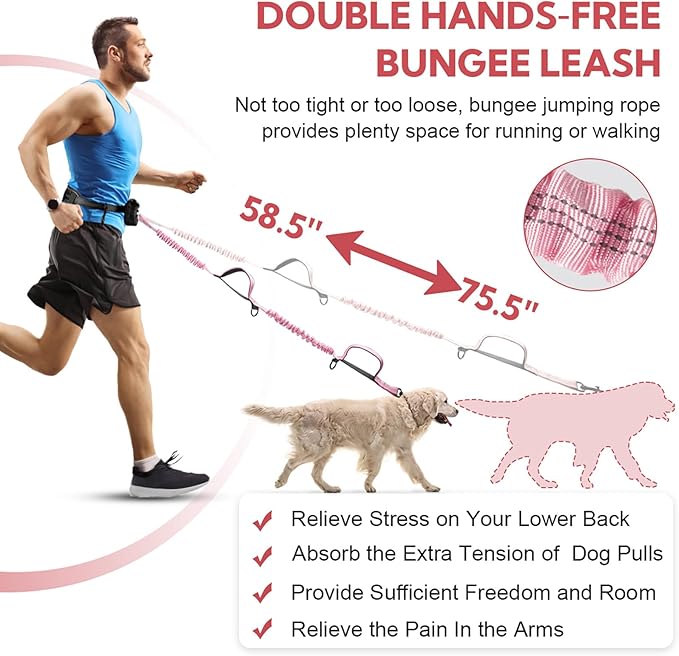 Hands Free Dog Leash, Adjustable Waist Belt with Double Padded Handles, Retractable Bungee for Medium &amp; Large Dogs, Waist Leash for Dog Walking, Running, No Pull, Pink