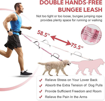 Hands Free Dog Leash, Adjustable Waist Belt with Double Padded Handles, Retractable Bungee for Medium &amp; Large Dogs, Waist Leash for Dog Walking, Running, No Pull, Pink
