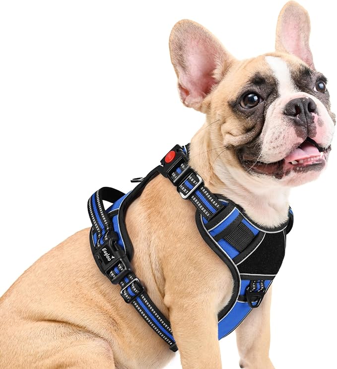 Eagloo Dog Harness Medium Sized, Easy Wearing with 3 Buckles, Adjustable No Pull Pet Harness with 2 Rings for Walking, No Chock Reflective Soft Padded Vest with Control Handle, Blue &amp; Black, M