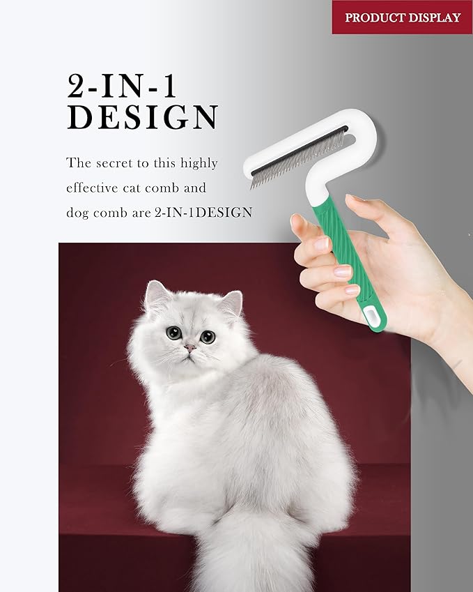 Pet Flea Comb for Dogs &amp; Cats - Grooming Tool with Long &amp; Short Steel Teeth, Safely Removes Tangles and Knots, Gentle Detangling Brush for Pet Hair (TG2043)(Green)