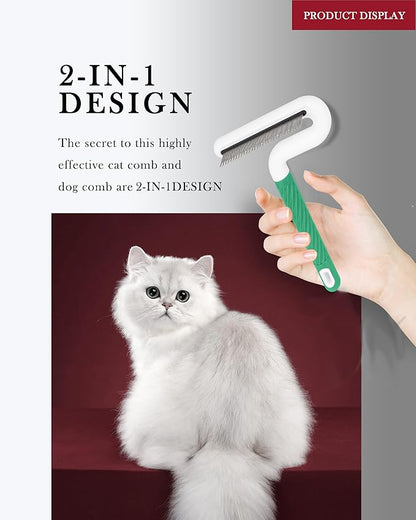 Pet Flea Comb for Dogs &amp; Cats - Grooming Tool with Long &amp; Short Steel Teeth, Safely Removes Tangles and Knots, Gentle Detangling Brush for Pet Hair (TG2043)(Green)