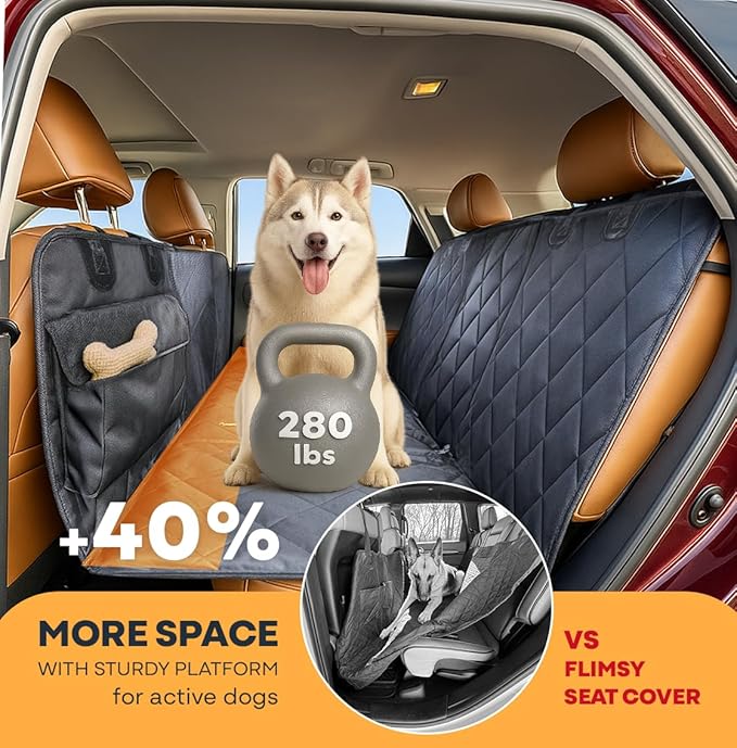 APetsPlanet Dog Car Seat Cover for Back Seat Hard Bottom - Waterproof Backseat Extender for Dogs - Pet Hammock for Car, Truck, SUV - Protector Bed with Mesh Window &amp; Storage - Black, No Door Covers
