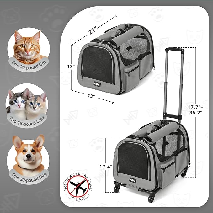 Large Pet Carrier with Wheels, Foldable Rolling Dog Carrier with Wheels and Big Pocket, Cat Rolling Bag 21"x13"x13" for 2 Cats &amp;Dogs, for Travel, Outdoor, Vet Visits, Camping, Indoor. Gray