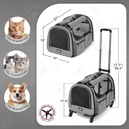 Large Pet Carrier with Wheels, Foldable Rolling Dog Carrier with Wheels and Big Pocket, Cat Rolling Bag 21"x13"x13" for 2 Cats &amp;Dogs, for Travel, Outdoor, Vet Visits, Camping, Indoor. Gray