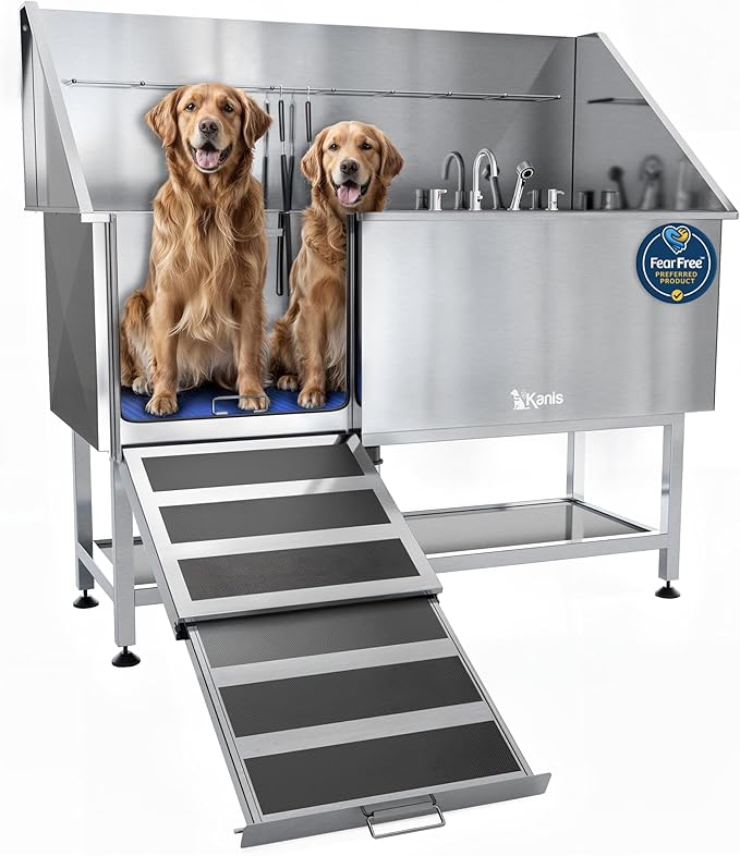 KANIS Professional Dog Washing Station - 304 Stainless Steel Pet Wash Sink &amp; Grooming Bath Tub for Home with Ramp, Shower, Floor Grate, Storage Shelf, Faucet, Drain Kit for Large, Medium &amp; Small Pets
