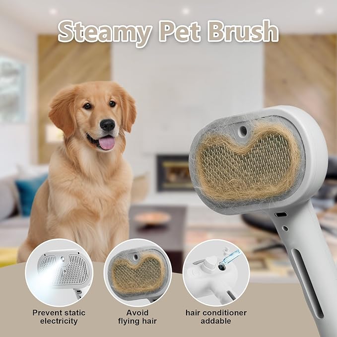 ‌3-in-1 Pet Steam Brush with Self-Cleaning &amp; Cool Mist‌ – Portable Grooming Tool for Cats &amp; Dogs, Long-Lasting Shedding Control &amp; Detangling, Refillable Water Tank &amp; Fast Charging