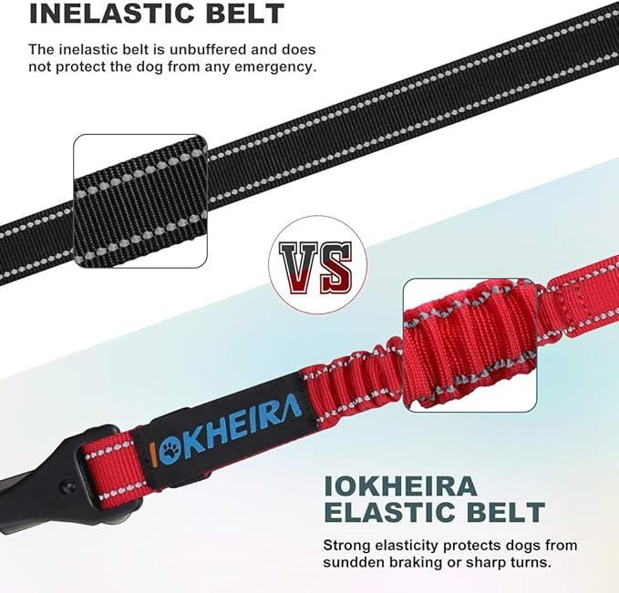 IOKHEIRA Dog Seat Belt 3-in-1 Car Harness for Dogs Adjustable Safety Seatbelt for Car Durable Nylon Reflective Bungee Fabric Tether with Clip Hook Latch &amp; Buckle, Swivel Zinc Alloy Carabiner Red