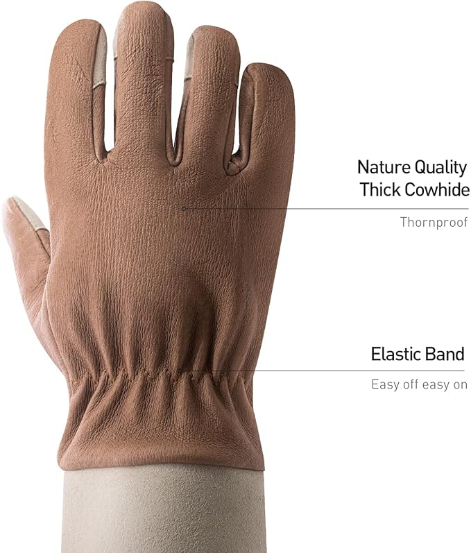 HANDLANDY Long Gardening Gloves for Men &amp; Women, Thorn Proof Rose Pruning Gloves Leather Gauntlets Garden Glove Yard Work Glove (Large, Brown)