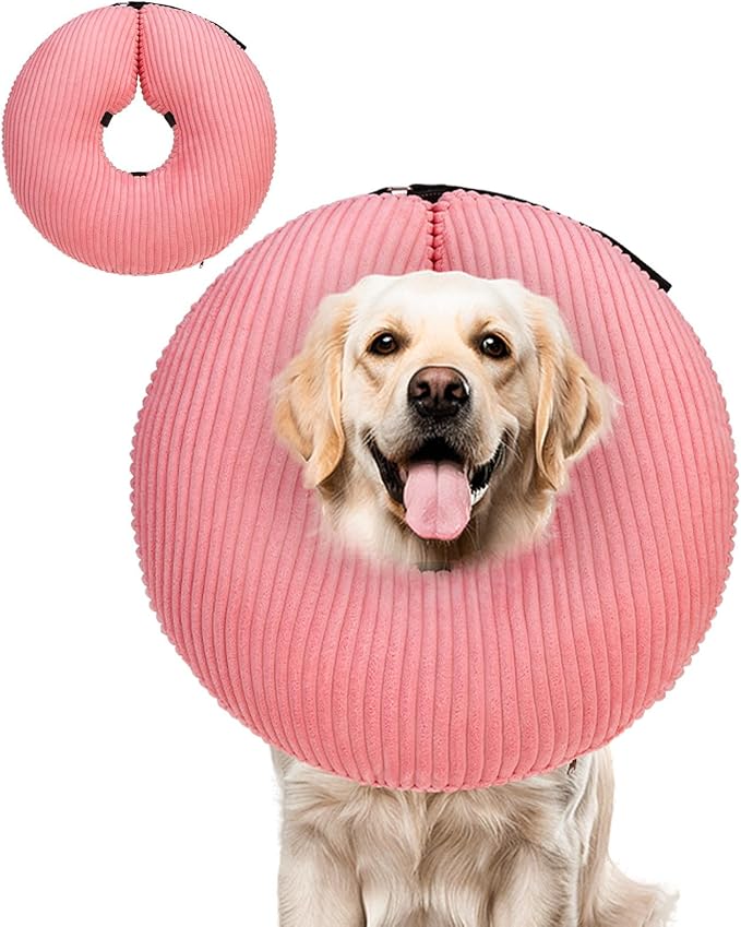 BINGPET Inflatable Dog Cone Collar Alternative After Surgery,Soft Recovery Cone for Dogs to Stop Licking,Protective Neck Donut E Collar Adjustable for Small Medium Large Dogs &amp; Cats(Pink,L)