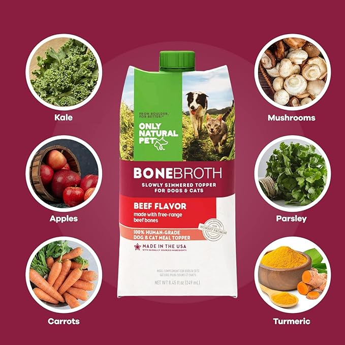 Only Natural Pet Bone Broth Beef Flavor Dog &amp; Cat Meal Topper, 100% Human-Grade Slow-Simmered, Free-Range for Dry Food or to Hydrate Dehydrated Food - (12-Pack / 11.16 oz Each)