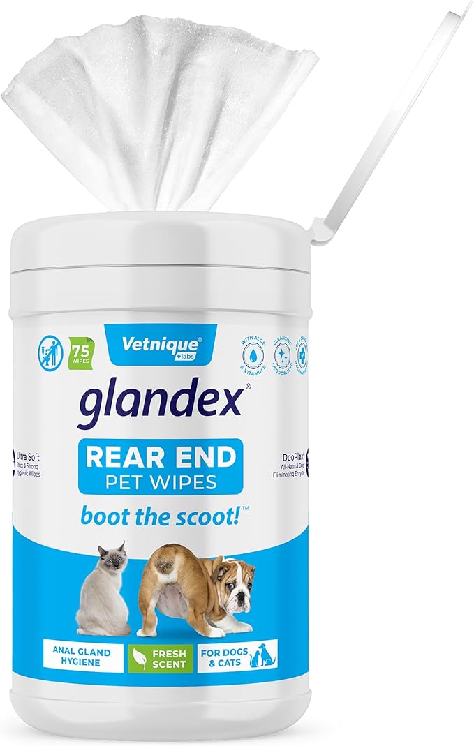 Vetnique Labs Glandex Dog Wipes for Pets Cleansing &amp; Deodorizing Anal Gland Hygienic Dog &amp; Cat Wipes with Vitamin E, Skin Conditioners and Aloe (75ct)