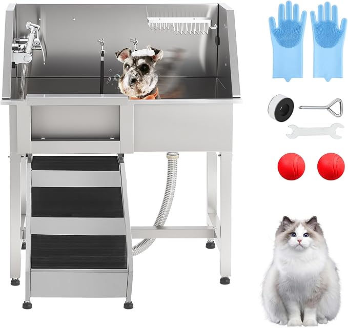 JoyJoy Stainless Steel Dog Washing Station - Dog Bath Tub for Large, Medium, Small Dogs, Pet Grooming Tub with Ramp, Non-Slip Grate, Shower, Soap Box, Faucet, Drain for Home &amp; Outdoor（38"）