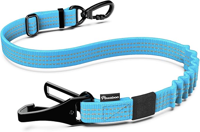 Pawaboo Dog Seatbelt for Car, 3-in-1 Dog Seat Belt Bungee, Shockproof Dogs Tether for Car with Buckle &amp; Hook Latch, Adjustable Reflective Dogs Cars Harness Leash with 360° Lockable Buckle, Blue
