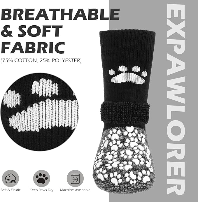 EXPAWLORER Anti Slip Dog Socks to Prevent Licking Paws, Shoes for Hot Pavement, Dog Booties for Small Medium Large Senior Dogs, Traction Control Boots &amp; Paw Protectors for Hardwood Floors Black&amp;Grey