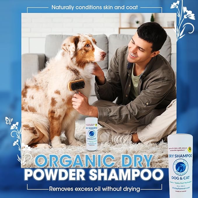 Sit. Stay. Forever. Dry Shampoo for Dogs &amp; Cats – Organic Dry Bath Powder, Talco para Perros, Hypoallergenic, Odor Control for Smelly Dogs, No-Rinse, Anti-Itch, Safe &amp; Natural, Made in The USA, 7 oz