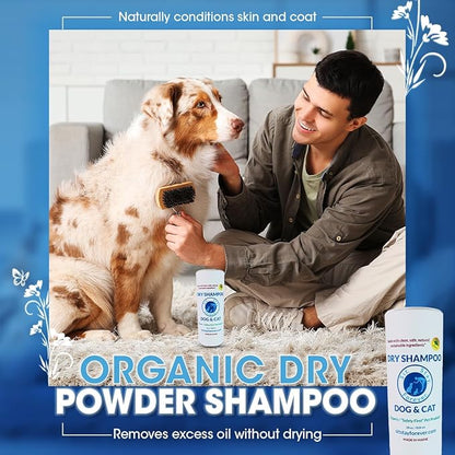 Sit. Stay. Forever. Dry Shampoo for Dogs &amp; Cats – Organic Dry Bath Powder, Talco para Perros, Hypoallergenic, Odor Control for Smelly Dogs, No-Rinse, Anti-Itch, Safe &amp; Natural, Made in The USA, 7 oz