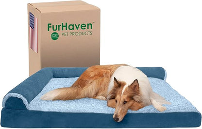 Furhaven Cooling Gel Dog Bed for Large Dogs w/ Removable Bolsters &amp; Washable Cover, For Dogs Up to 125 lbs - Two-Tone Plush Faux Fur &amp; Suede L Shaped Chaise - Marine Blue, Jumbo Plus/XXL