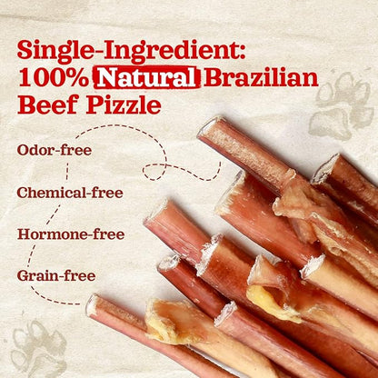 Natural Farm Odor-Free Thin Bully Sticks (12”, 25-Pack) All-Natural Long-Lasting Dog Chews, 100% Beef Pizzle, Grass-Fed, Grain-Free, Protein for Muscle Development &amp; Energy, Perfect for Large Dogs