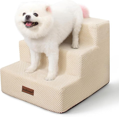 Dog Stairs for Small Dogs &amp; Cats, 3-Step Non-Slip Pet Steps for Couch Sofa and Chair, Beige, 13.6" H