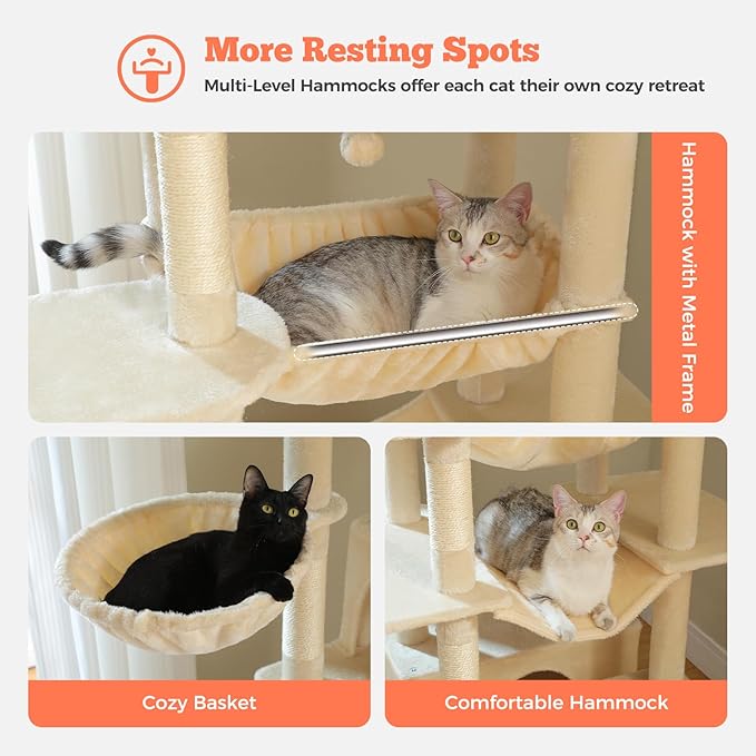 Large Cat Tree for Big Cats &amp; Multi-Cat Homes, 81 Inch Tall Cat Tower with Sturdy Metal Hammock, 6 Sisal Scratching Posts, 2 Cozy Condos, 2 Top Perches - Multi-Level Cat Tower, Beige