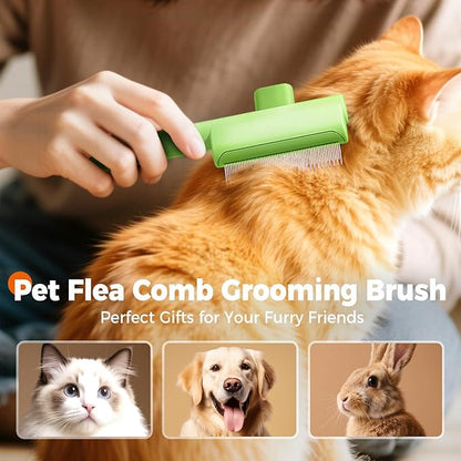 Pet Hair Removal Comb Flea Combs for Cats and Dogs, Pet Flea Comb Grooming Brush with One-Click Release Button, Dog Cat Deshedding Brush for Short &amp; Long Hair (Blue &amp; Green)