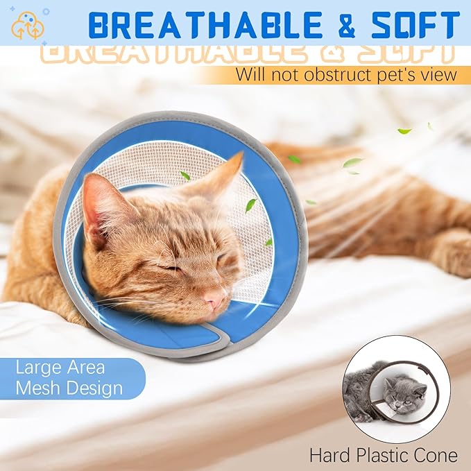 Breathable Air Mesh Cat Cone Collar Soft to Stop Licking, Adjustable, Foldable Lightweight Kitten Cones After Surgery Recovery for Cats &amp; Kittens (Blue, S)
