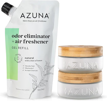 Azuna Air Freshener &amp; Odor Eliminator for Strong Odor | 2 Room Kit Includes (2) 8 oz. Empty Luxe Glass Jars &amp; 12 oz | Refill with Tea Tree Essential Oil Gel | Natural Scent | Last 60-90 Days