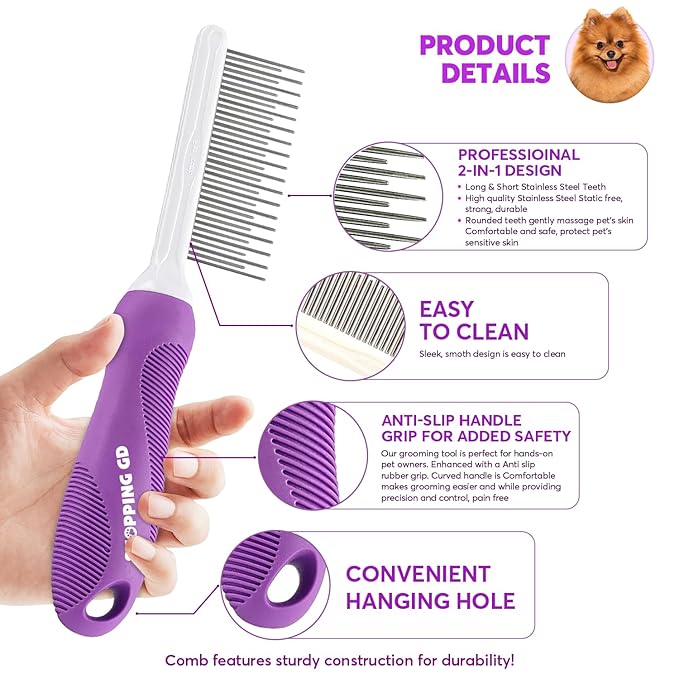 Detangling Pet Comb for Dogs &amp; Cats with Long &amp; Short Stainless Steel Metal Teeth for Removes Tangles and Knots - Detangler Grooming Tool for Dematting Matted Fur.
