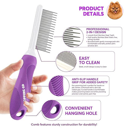 Detangling Pet Comb for Dogs &amp; Cats with Long &amp; Short Stainless Steel Metal Teeth for Removes Tangles and Knots - Detangler Grooming Tool for Dematting Matted Fur.