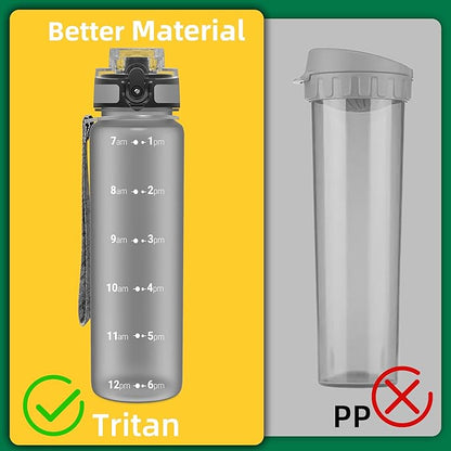 OLDLEY 32 oz Water Bottle, Motivational Water Bottle with Time Marker, Sports Water Bottle With Strap, Leakproof &amp; BPA Free Large Water Bottles for School, Gym, Travel, Outdoor, Tritan,Gray