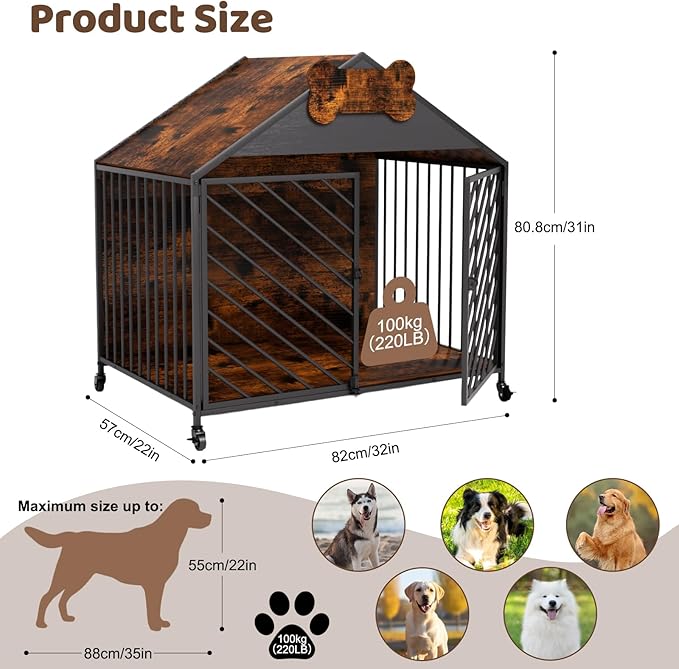 Furniture-Style Dog Crate with Gable Roof Design, Double Locking Doors Indoor Kennel for Small &amp; Medium Dogs, Chew-Proof Escape-Proof Dog Cage, Rustic Brown