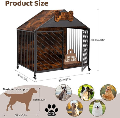 Furniture-Style Dog Crate with Gable Roof Design, Double Locking Doors Indoor Kennel for Small &amp; Medium Dogs, Chew-Proof Escape-Proof Dog Cage, Rustic Brown