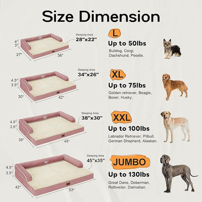 Large Dog Bed Orthopedic Washable Extra Pink XL XLarge Big Dog Bed with Washable Bolster &amp; Memory Foam Couch Sofa - Waterproof with Removable Cover