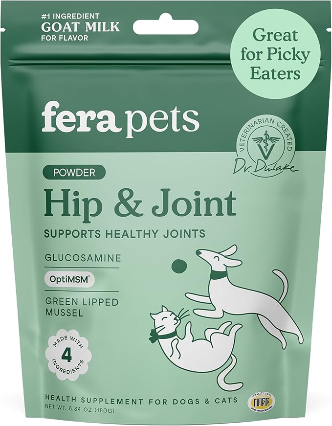 Fera Pets Goat Milk - Cat &amp; Dog Hip and Joint Support with Glucosamine, MSM &amp; Green Lipped Mussel - Supports Flexibility, Mobility &amp; Bone Health - for Picky Eaters - 60 TSP