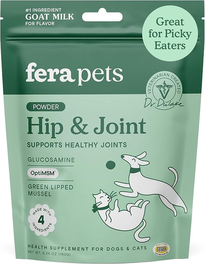 Fera Pets Goat Milk - Cat &amp; Dog Hip and Joint Support with Glucosamine, MSM &amp; Green Lipped Mussel - Supports Flexibility, Mobility &amp; Bone Health - for Picky Eaters - 60 TSP