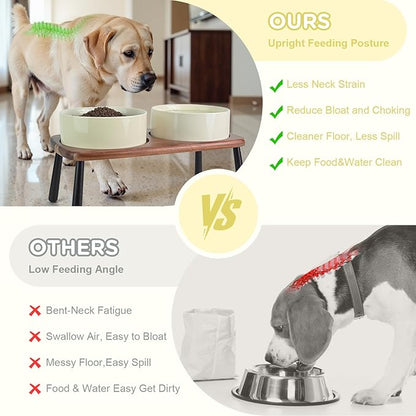 SPUNKYJUNKY Ceramic Elevated Dog Bowls Raised with Acacia Bamboo Wooden Stand, 8.3&