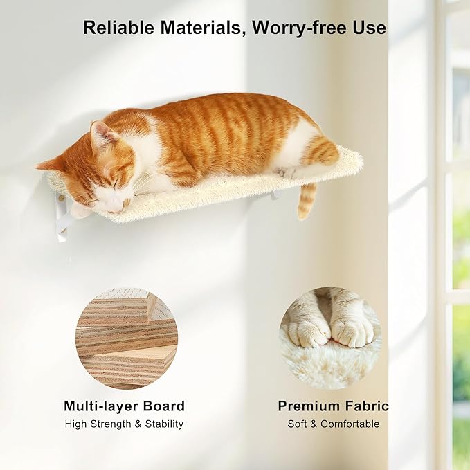 FUKUMARU Cat Wall Shelves, Stable &amp; Safe 4 in 1 Large Cat Walls Furniture Set, Wooden Kitten Climbing Wall with Scratching Post for 16 Inch Drywall - Beige