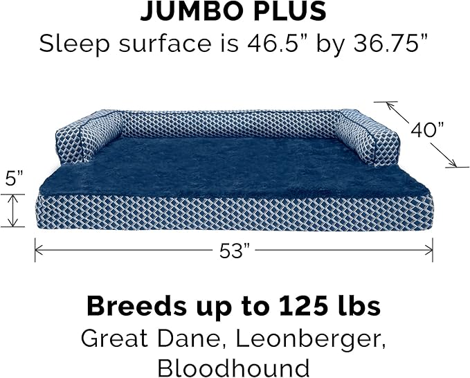 Furhaven Memory Foam Dog Bed for Large Dogs w/ Removable Bolsters &amp; Washable Cover, For Dogs Up to 125 lbs - Plush &amp; Woven Decor Comfy Couch Sofa - Diamond Blue, Jumbo Plus/XXL