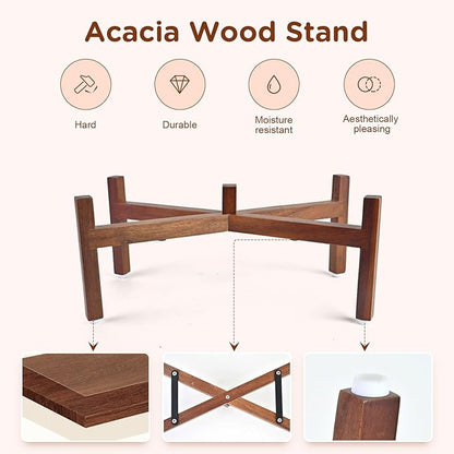 SPUNKYJUNKY Ceramic Dog Bowls Dog Bowl Set with Acacia Wood Stand Raised Dog Bowl Dog Food and Water Bowl for Small Medium Sized Dog (18.5cm)