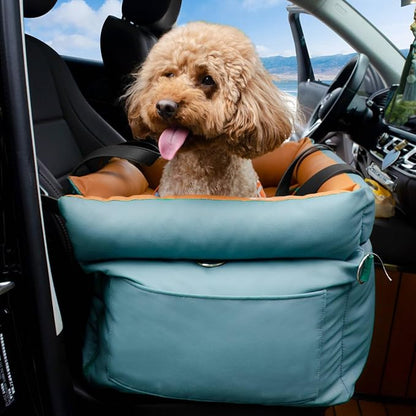 Dog Car Seat for Small Dogs, Large Leather Dog Car Bed with Storage Pocket, Waterproof PVC Leather Booster Seat Travel Bed for Front &amp; Back Seat, Clip-On Safety Leash (Blue/Brown)