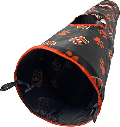 NFL Cincinnati Bengals Cat Tunnel Tube Toy with Plush Football Catnip and Feathers Collapsible Tunnel for Cats to Play, Peek and Hide, Sporty &amp; Fun Cat Tunnel Toy with Team Logo All-Over Design!