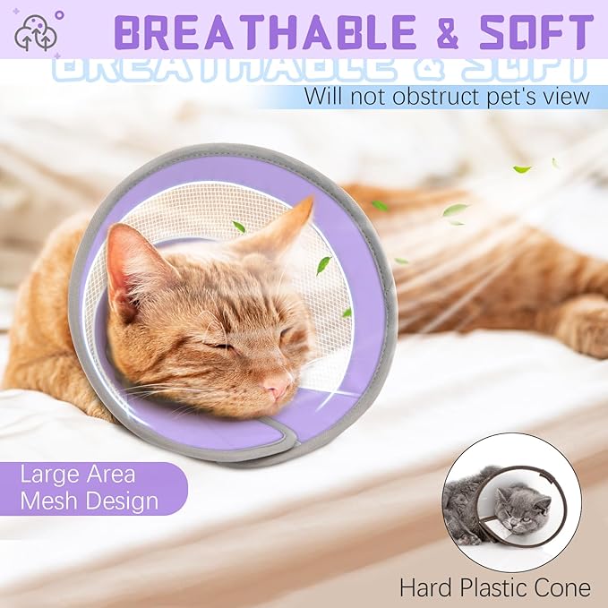 Breathable Air Mesh Cat Cone Collar Soft to Stop Licking, Adjustable, Foldable Lightweight Kitten Cones After Surgery Recovery for Cats &amp; Kittens (Purple, M)