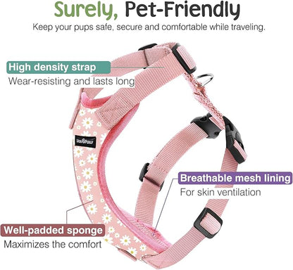 Dog Seat Belt, Safety Vest Dog Car Harness with Adjustable Buckle Dog Seat Belt for Vehicle Nylon Pet Safety Seat Belts Heavy Duty(S, Pink Daisy)