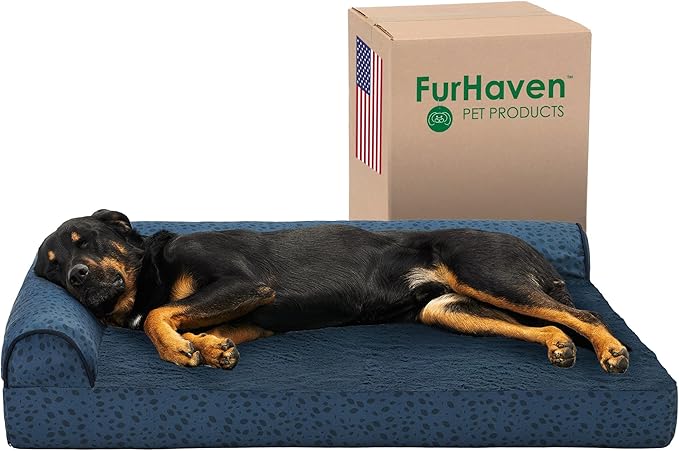 Furhaven Cooling Gel Dog Bed for Large Dogs w/ Removable Bolsters &amp; Washable Cover, For Dogs Up to 95 lbs - Plush &amp; Almond Print L Shaped Chaise - Blue Almonds, Jumbo/XL